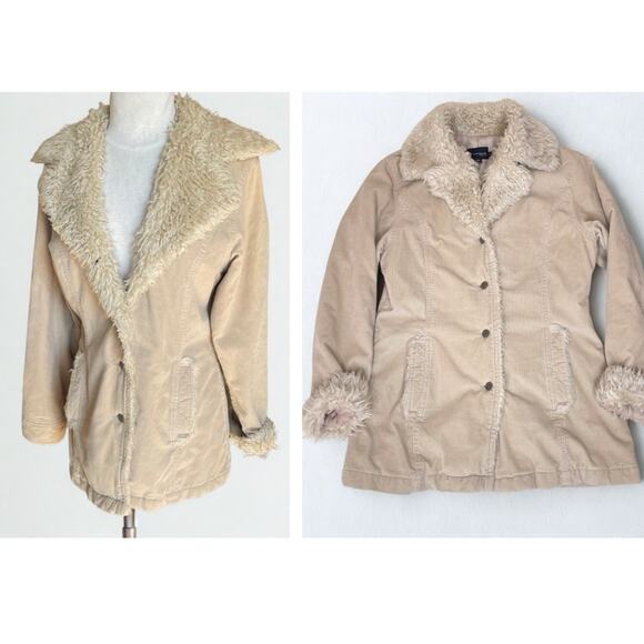Vintage Made In Korea 90s Corduroy Sherpa Lined Coat Jacket M Beige Boho Y2K - Picture 1 of 8